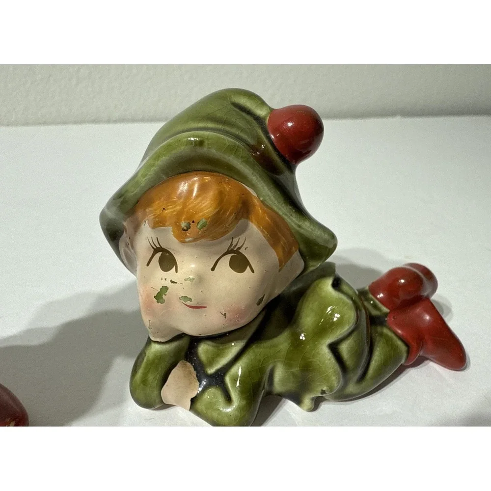 Vtg 2 Pc. Ceramic Pixie Santa Elf Music Christmas‎ Handpainted Figurine Japan 4